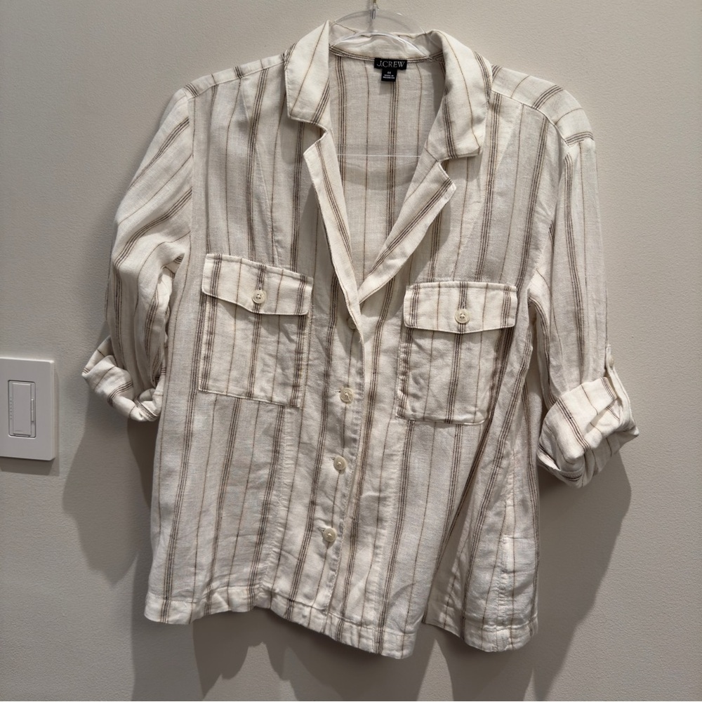 J. Crew Cream Camp-collar Shirt In Stripe Featherweight Linen Blend Size 00 - Picture 2 of 8